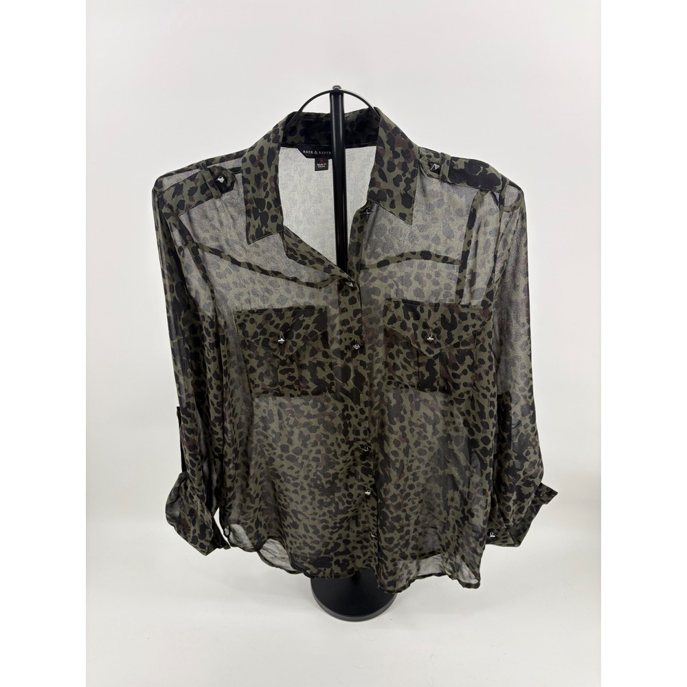 Rock and Republic Camo Green Sheer Button Up Blouse Animal Print Studded Small